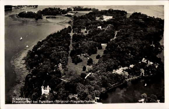 Ak Berlin Zehlendorf Wannsee, Nikolskoe, Pfaueninsel bei Potsdam, Fliegeraufnahme