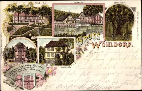 Litho Hamburg Wandsbek Wohldorf, Hotel zur Schleuse, Mausoleum, Herrenhaus, Wappen
