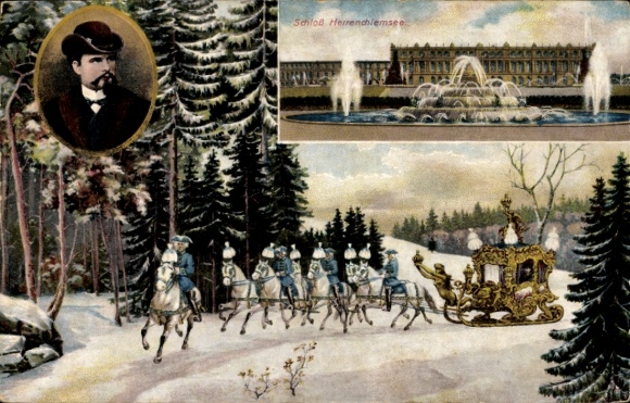 Ak Herrenchiemsee Chiemsee Oberbayern, Ludwig II von Bayern, Schlittengespann, Schloss