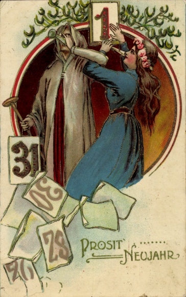 Präge Ak Fröhliches Neujahr, Frau und Mann, Kalenderblätter, Mistelzweige