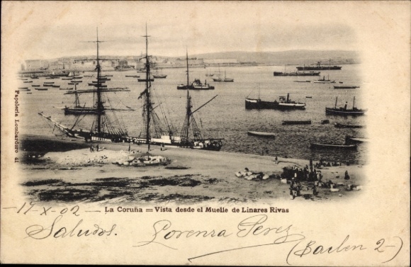 Ak La Coruña Galicien, Drei-Master Schiff, Hafenansicht, Küstenlandschaft,  Zeitkapsel, 