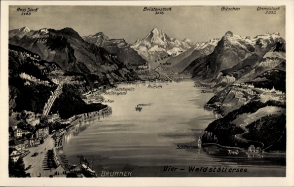 Ak Brunnen Kt Schwyz, Vierwaldstättersee,  Berge, Schiffe, Landschaft, Kartenansicht