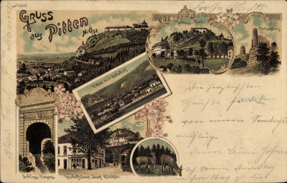 Ak Pitten Niederösterreich,  mit Landschaften, Bahnhof, Schloss-Eingang, Blumenmuster