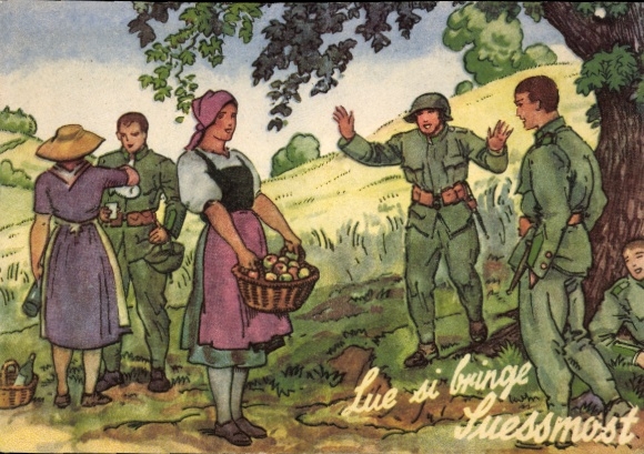 Künstler Ak Lue si bringe Suessmost, Schweizer Soldaten, Den Schweizerrekruten gestiftet