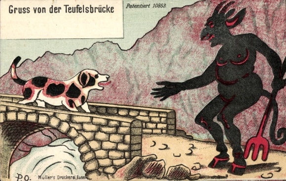 Künstler Ak Kanton Uri Schweiz, Teufelsbrücke, Sage, Teufel, Hund