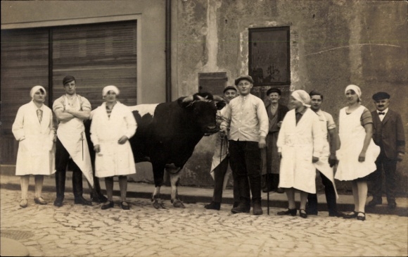 Foto Ak Pulsnitz Sachsen, Gruppenfoto, Kuh