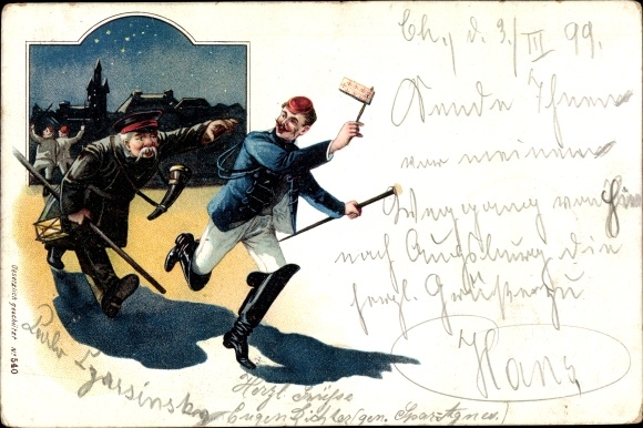 Studentika Litho Nachtwächter verfolgt einen Studenten mit Ratsche