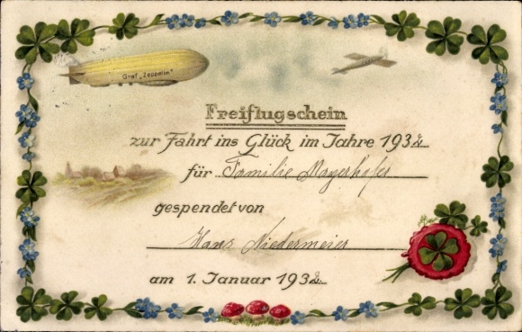 Ak Glückwunsch Neujahr, Glücksklee, Pilze, Zeppeline