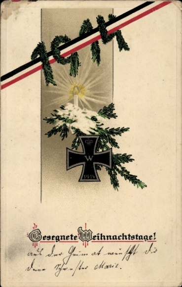 Präge Ak Glückwunsch Weihnachten, EK an Tanne, 1914