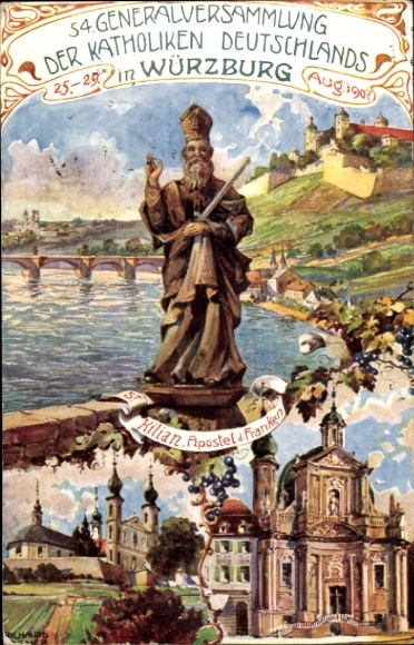Ganzsachen Künstler Ak Richard Bogner, Würzburg am Main, 54. Dt. Katholikentag 1907, St. Kilian
