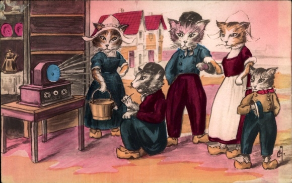 Künstler Ak Vermenschlichte Katzen in niederländischer Tracht, Radio