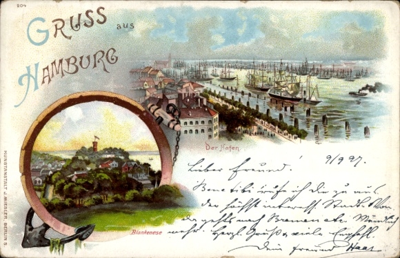 Litho Hamburg Altona Blankenese, Süllberg, Hafen