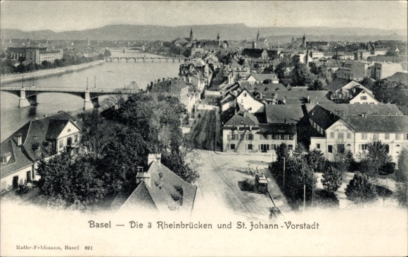 Ak Basel Stadt Schweiz,  3 Rheinbrücken, St. Johann-Vorstadt, Flusslandschaft