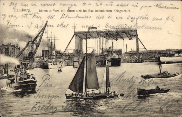 Ak Hamburg, Blohm & Voss, Bau eines Kriegsschiffes
