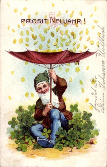Litho Glückwunsch Neujahr, Zwerg, Regenschirm, Goldene Münzen, Glücksklee