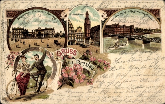 Litho Wrocław Breslau Schlesien, Elisabethkirche, Lessingbrücke, Tandem