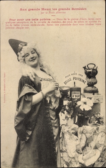 Ak Editions Bergeret, Aux grands Maux les grands Remèdes par la Petite Albertine, Belle poitrine