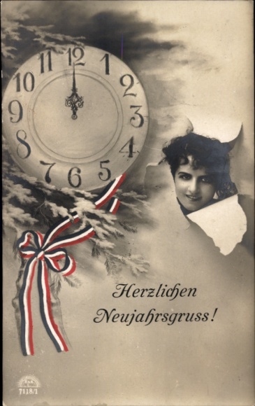 Ak Glückwunsch Neujahr, Uhr, Frauenportrait