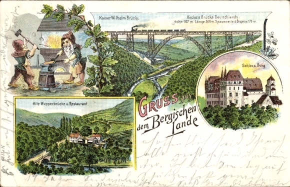 Litho Solingen im Bergischen Land, Schloss Burg, Kaiser Wilhelm Brücke, Wupperbrücke, Restaurant