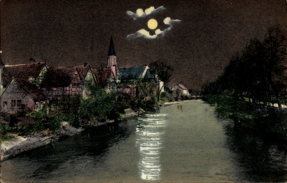 Mondschein Ak Stadtansicht, Fluss, Häuser