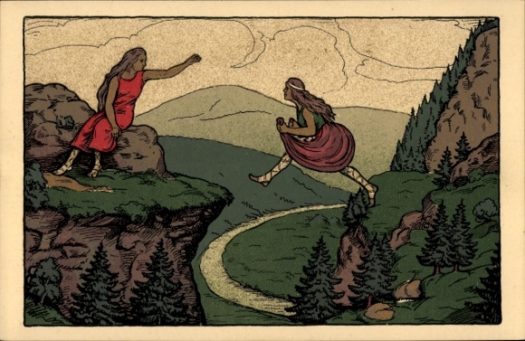 Steindruck Ak Die Sage vom Mägdesprung, Selketal