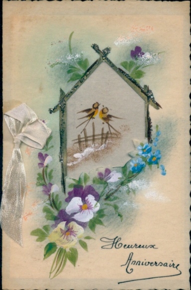 Glitzer Material Ak Glückwunsch, Blumen, Vögel, Stoffschleife