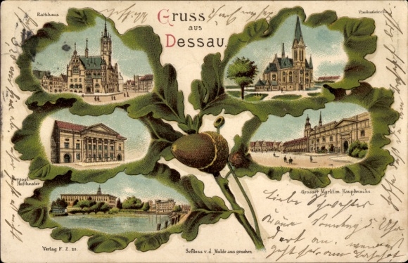Eichenblatt Litho Dessau, Rathaus, Herzogl. Hoftheater, Schloss, Pauluskirche, Großer Markt
