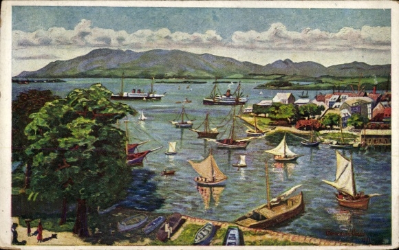 Künstler Ak Pointe a Pitre Guadeloupe, Blick auf den Ort, Segelpartie