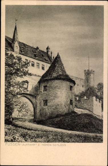 Künstler Ak Neumann, J., Füssen am Lech Allgäu, Auffahrt zum Hohen Schloss
