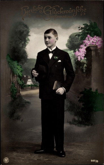 Ak Glückwunsch Konfirmation, Junge in Anzug, Portrait, Gebetbuch