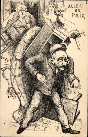 Künstler Ak Orens, Karikatur, Dreyfus Affäre, Mann verlässt seine Wohnung, Gepäck