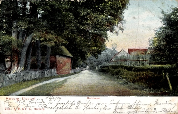 Ak Hamburg Harburg Wilstorf, Landschaftsaufnahme, Dorfstraße, Gebäude, Bäume, frühe Farbfotogr...