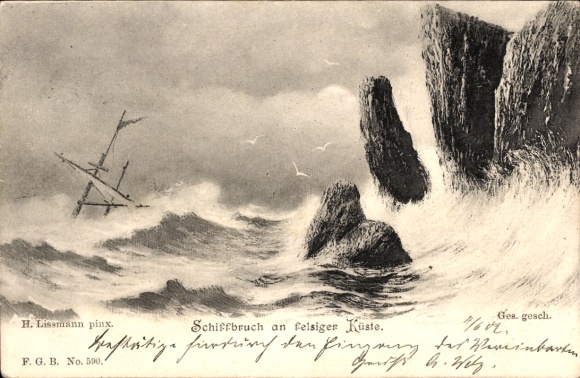 Ak Schiffbruch an felsiger Küste