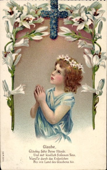 Präge Ak Glaube, Kind beim Gebet, Lilien