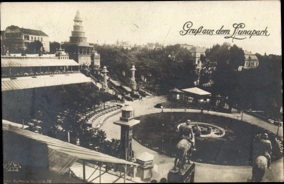 Ak Berlin Wilmersdorf Halensee, Tribüne im Luna Park, Grünanlage