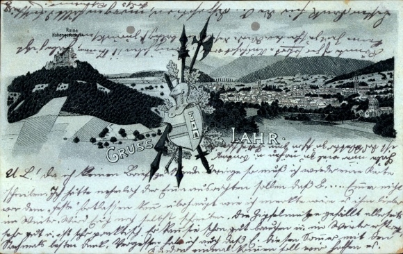 Mondschein Wappen Litho Lahr im Schwarzwald Baden, Totalansicht, Burgruine Hohengeroldseck