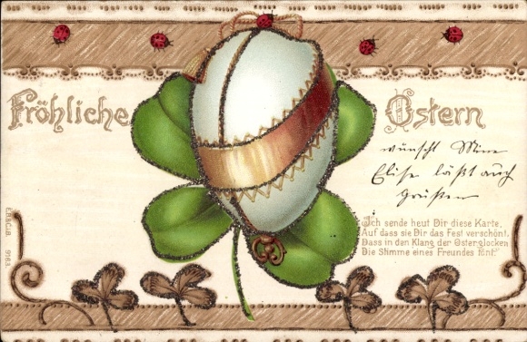 Glitzer Ak Glückwunsch Ostern, Osterei, Glücksklee