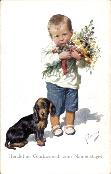 Künstler Ak Feiertag, Karl, Glückwunsch Namenstag, Kind, Blumenstrauß, Dackel