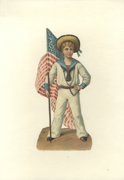 Oblate, Junge in Matrosenanzug mit amerikanischer Flagge, Größe ca. 28,5 x 13 cm