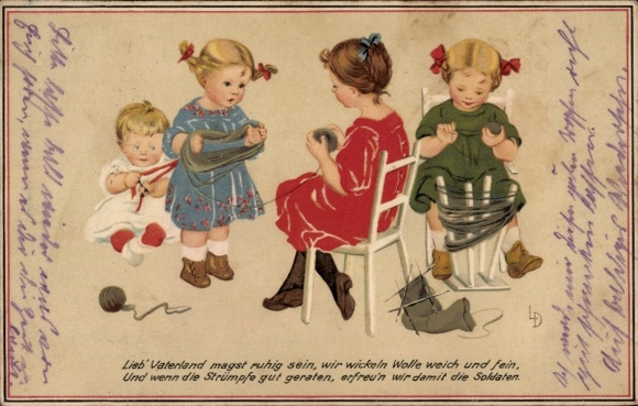 Künstler Ak Döring, L., Lieb Vaterland magst ruhig sein, Kinder rollen Wolle auf