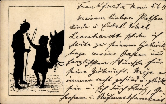 Scherenschnitt Künstler Ak Carus, Geschenk, Mädchen, Angler, Pferd