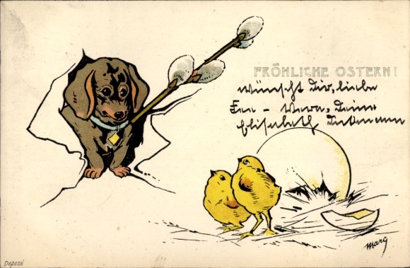 Künstler Ak Glückwunsch Ostern, Küken, Dackel, Weidenkätzchen