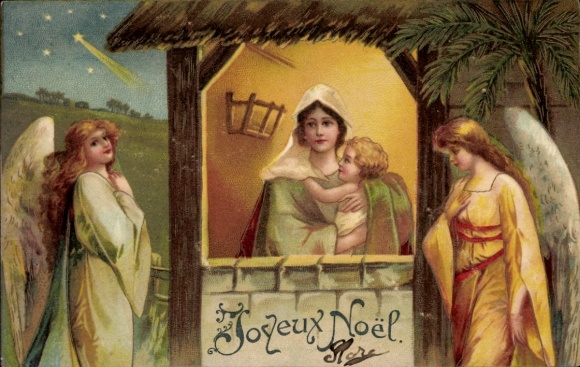 Litho Frohe Weihnachten, Maria mit Jesuskind, Krippenszene, Engel