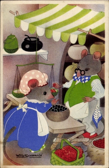 Künstler Ak Schermele, W., Vermenschlichte Mäuse, Handel, Marktstand, Waage
