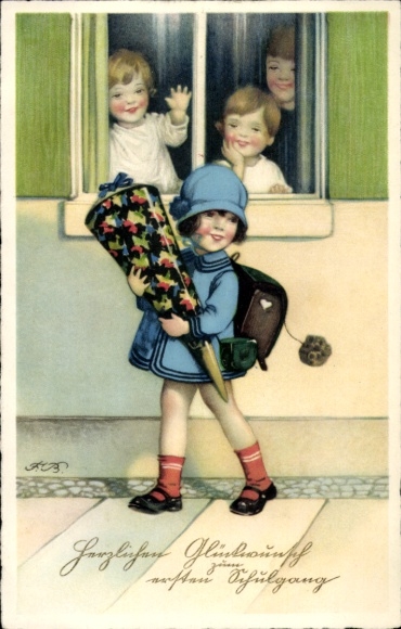 Künstler Ak Baumgarten, Fritz, Glückwunsch Einschulung, Zuckertüte, Mädchen