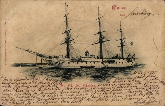 Ak Segelschiff Dreimaster SMS Moltke,  Gedeckte Korvette der Bismarck-Klasse, Kaiserliche Marine