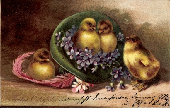Künstler Ak Glückwunsch Ostern, Küken, Flieder