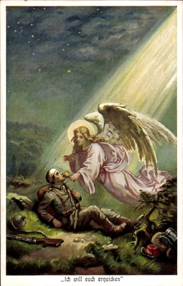 Künstler Ak Ich will euch erquicken, Engel, verwundeter Soldat