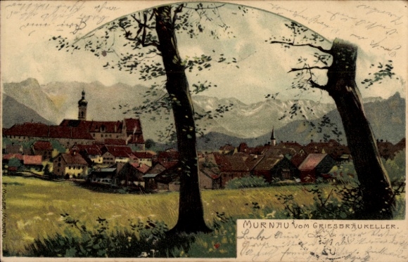 Künstler Litho Moser, P., Murnau am Staffelsee in Oberbayern, Blick vom Griesbräukeller