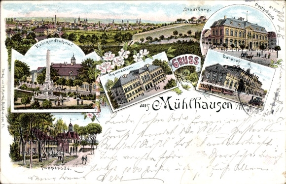 Vorläufer Litho Mühlhausen in Thüringen, Postgebäude, Bahnhof, Gymnasium, Popperode, Kriegerdenkmal